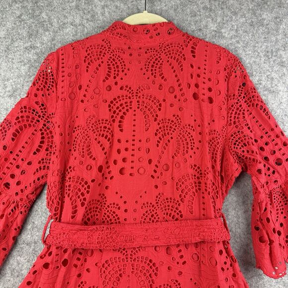 Farm Rio Red Eyelet Lace Palm Tree Belted Mini Dress Womens M Button Pockets - Picture 7 of 16